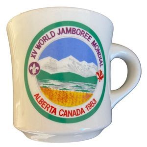 Boy Scout Mug Alberta Canada 1983 XV World Jamboree Mondial Gold Rim England